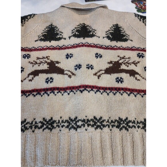 LL Bean Christmas Tree Reindeer Wool Cardigan Sweater Knot buttons Medium - Picture 6 of 6